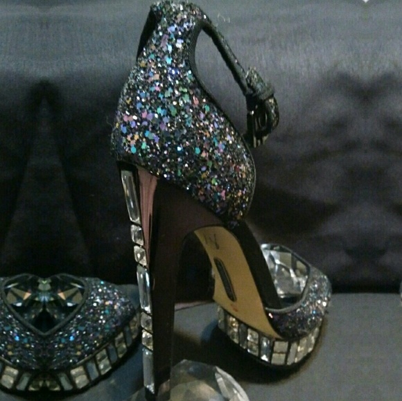 BOUTIQUE 9 sz 6.5 PURPLE BLUE COSMIC GLITTER HEELS RHINESTONE JEWEL GEMS - Picture 4 of 15